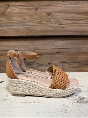Marc Fisher Tan Woven Espadrille Wedge Sandal with Ankle Strap